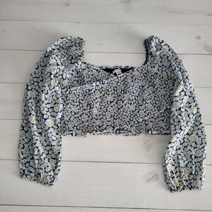 BOHO Top Floral Daisy Puff Sleeve Smock Wrap Crop Cotton Cottage Coquette